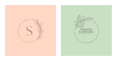 Set of vector floral organic emblems.Natural logo designs with linear branches and frame.Modern eco or bio badges in trendy minimalist style.Branding boho design templates.