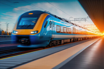 Fototapeta premium Speeding into the Sunset: High Speed Train at the Railway Station. Generative Ai