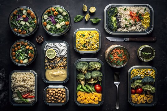 Overhead Shot Of Vegan Meal Prep. Healthy Eating, Plant-based Diet, Nutrition, Meal Planning, Cooking, Balanced Meals, Environmental Sustainability, Mindfulness. High Resolution. Generative AI