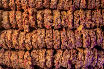 Oat and corn flakes cookies. Healthy natural food. Rows are stacked on top of each other.
