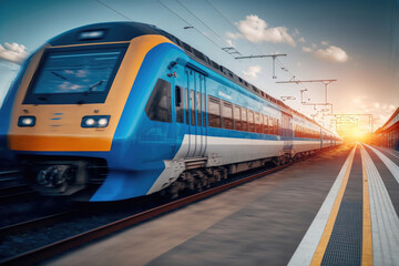 Fototapeta na wymiar Speeding into the Sunset: High Speed Train at the Railway Station. Generative Ai