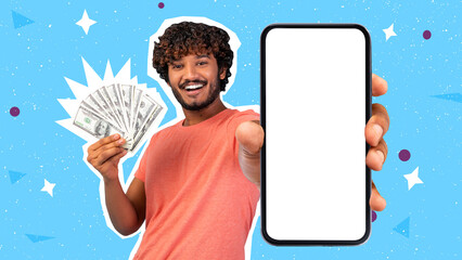 Happy wealthy indian guy showing smartphone blank screen and cash