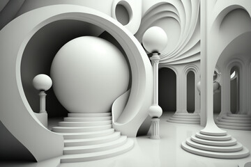 abstract architecture white geometric figures, fluid, fractal  background, one colour concept, generative ai