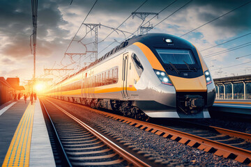 Naklejka premium Speeding into the Sunset: High Speed Train at the Railway Station. Generative Ai