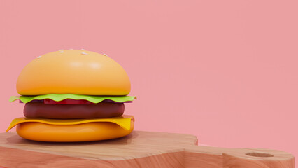 3d illustration background of the American Hamburger with cheesy cheese on the wooden Butcher