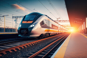 Naklejka premium Speeding into the Sunset: High Speed Train at the Railway Station. Generative Ai