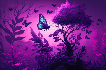 Plakat purple Abstract tree and butterfly, figure Background, one colour concept, generative ai