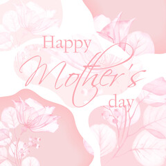 Vector elegant Happy Mother's Day greeting card template with watercolor flowers and stylish pink blots