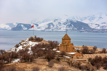 Akdamar Island in Van Lake. Van, Turkey. The Cathedral of the Holy Cross on Akdamar Island, in Lake Van in eastern Turkey..