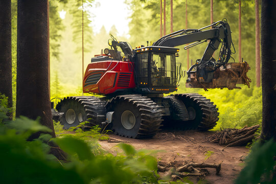 Loading equipment for logging. Log loader for timber, logs. Harvester working in tropical jungle forest, felling trees and harvesting. Lumber industry. Woodworking factory. Generative AI.
