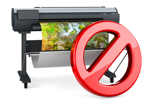 Plotter, large format inkjet printer with forbidden symbol, 3D rendering