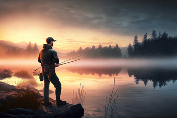 The Peaceful Serenity of Fishing: Young Man at Sunrise on Lake. Generative Ai