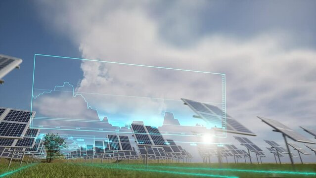 3d render view of Solar Panels farm with hud interface graph animation graphics of flowing energy on ground lines. Alternative Green Energy Concept. Future city technology