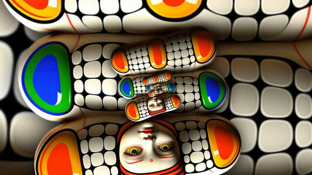Seamless animation of a structure mandala pattern swirl of ceramic porcelain face of a cute baby doll  . Geometric graphic spiral with a psychedelic look.