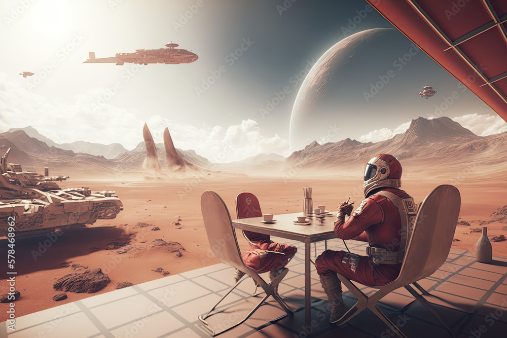 Wall mural astronaut in spacesuit is having breakfast on surface of red planet. astronaut is resting during the