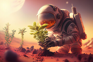Alone astronaut in space suit seedling plant on surface of red planet. Space exploration, colonization and terraforming new planets. Created with generative ai