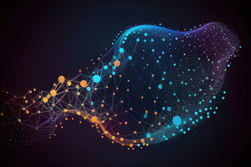 Technology background with connected colorful dots on abstract background. Digital data and network connection background. Created with Generative AI