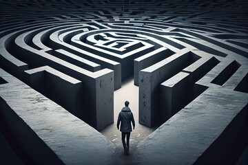 Man Walking Into Big Labyrinth. Finding Solution Concept. Generative AI