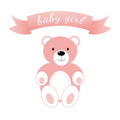Baby shower banner with pink bear on white background. It s a girl.