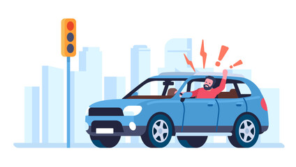Angry driver behaves aggressively on road in front of stoplight. Man drive automobile. City auto transportation. Traffic lights. Furious yelling man in car. Highway safety. Vector concept - obrazy, fototapety, plakaty