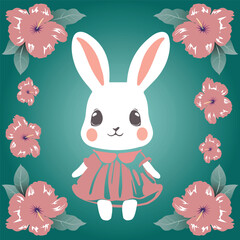 Cute cartoon white rabbit in pink dress on green background with flowers. Holiday modern poster. Vector illustration.