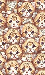 Cats and Kittens in cute handdrawn style illustration, Seamless Tiled textile pattern, Generative AI.