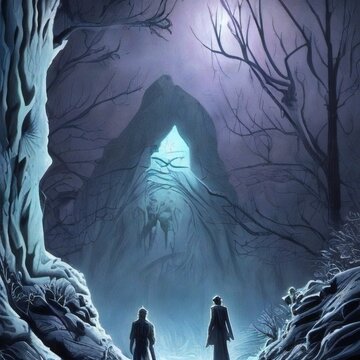 Mystical Mountain Cave Fantasy Illustration Of Two People Looking Towards A Mysterious Shine In The Forest - Generative A.I. Art