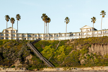 Pismo Beach cliffs, and hotel just steps from the cliff, above the beach, California. Stylish accomadations and breathtaking balcony ocean views