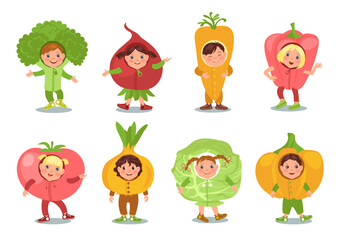 Children in vegetables costumes. Cute little boys and girls in fancy dress. Vegetarian party clothes. Theatre carnival outfit. Organic products. Festival clothing. Splendid vector set