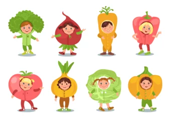 Fotobehang Children in vegetables costumes. Cute little boys and girls in fancy dress. Vegetarian party clothes. Theatre carnival outfit. Organic products. Festival clothing. Splendid vector set © VectorBum