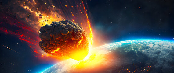 Asteroid impact, end of world, judgment day. Burning exploding asteroid from deep space approaches to planet Earth. Generative
