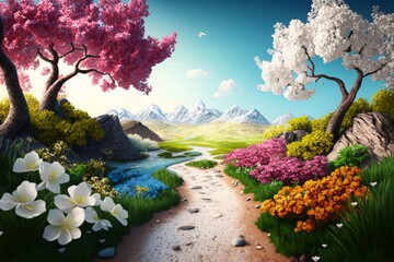 spring in the park landscape and mountains sky beautiful Japanese scenery