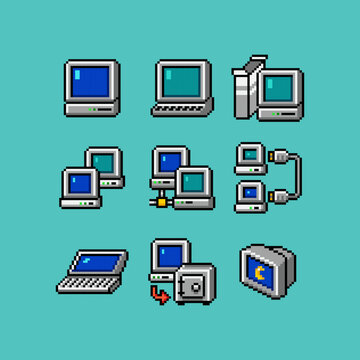 Retro computer interface elements set. Old PC UI icon assets for computer. Display, network, windows, laptop, application program install, storage, media