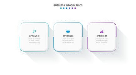 Timeline infographic with infochart. Modern presentation template with 3 spets for business process. Website template on white background for concept modern design. Horizontal layout.