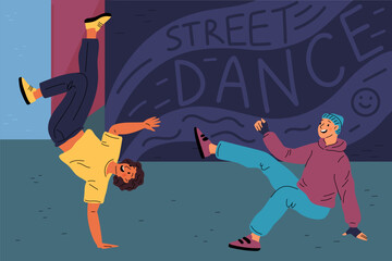 Dancers on street. Young people jumping and move rhythmically to music. Modern style. Hip hop or shuffle choreography. Freestyle dance battle. Outdoor disco show. Garish vector concept