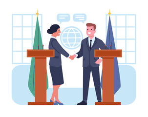 Diplomats meet for international negotiations and agreement signing. Man and woman at tribunes shaking hands. Political deal. World diplomacy. Countries representatives. Vector concept