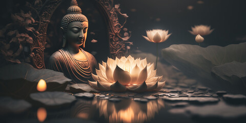 buddha statue and lotus flower. Generative AI
 - obrazy, fototapety, plakaty