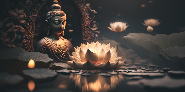 buddha statue and lotus flower. Generative AI
