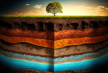 Soil layers study farm, soil slice,  humus, clay, sand and stones, GENERATIVE AI - obrazy, fototapety, plakaty