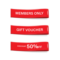 Set of red Sale banner. Red label tag. Badge for Shopping e-commerce website. Member only, Gift voucher and Discount 50% off. Vector Element for business.