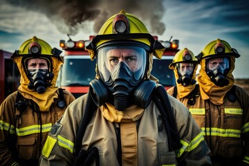 Naklejka premium Portrait of a group of firefighters in masks standing near the fire. AI generation
