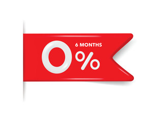 Red Sale banner for promotions discount 0% 6 months. Red tag, red banner, red ribbon, red label. Vector Element for business.