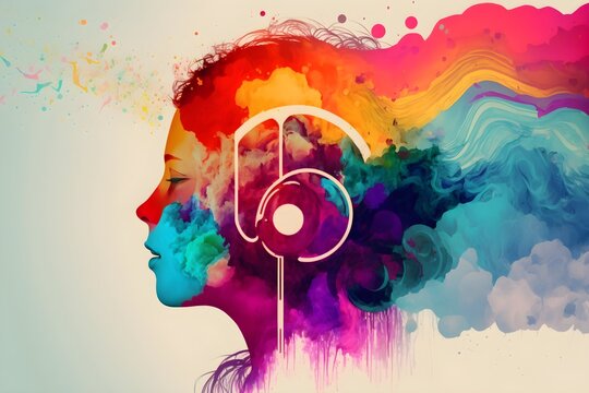 Wallpaper Illustration and background of a colorful person head, with headphone. Side view. Concept of music, sound, bass, dance. Generative AI.