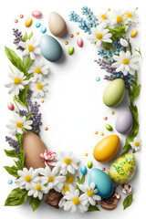 Easter decoration. Easter composition with colored eggs and flowers on white background. Generative AI