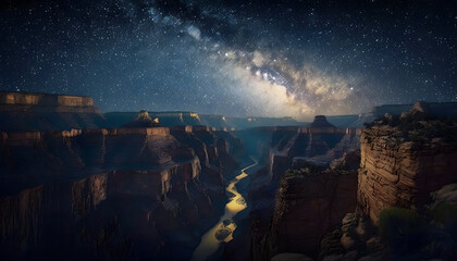 Great canyon at night, panorama of river and mountains in USA, generative AI. - obrazy, fototapety, plakaty