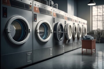 Public laundry with washing machines in a row. AI Generation - obrazy, fototapety, plakaty