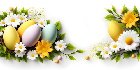 Easter decoration. Easter composition with colored eggs and flowers on white background. Generative AI