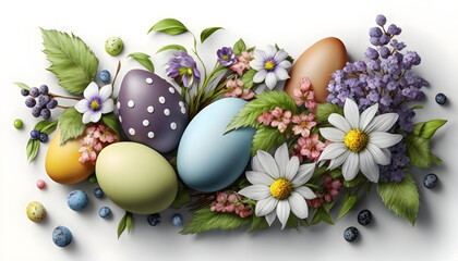 Obraz na płótnie Canvas Easter decoration. Easter composition with colored eggs and flowers on white background. Generative AI