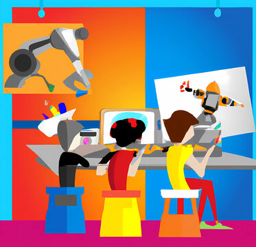 Vocational training student with computers and robots nearby, futuristic art, colorful
