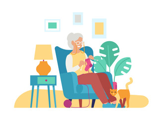 Grandmother sits in armchair and knits her grandson socks. Senior woman hobby. Grannies handicraft. Needlework or leisure. Cozy room interior. Grandma knitworking activity. Vector concept